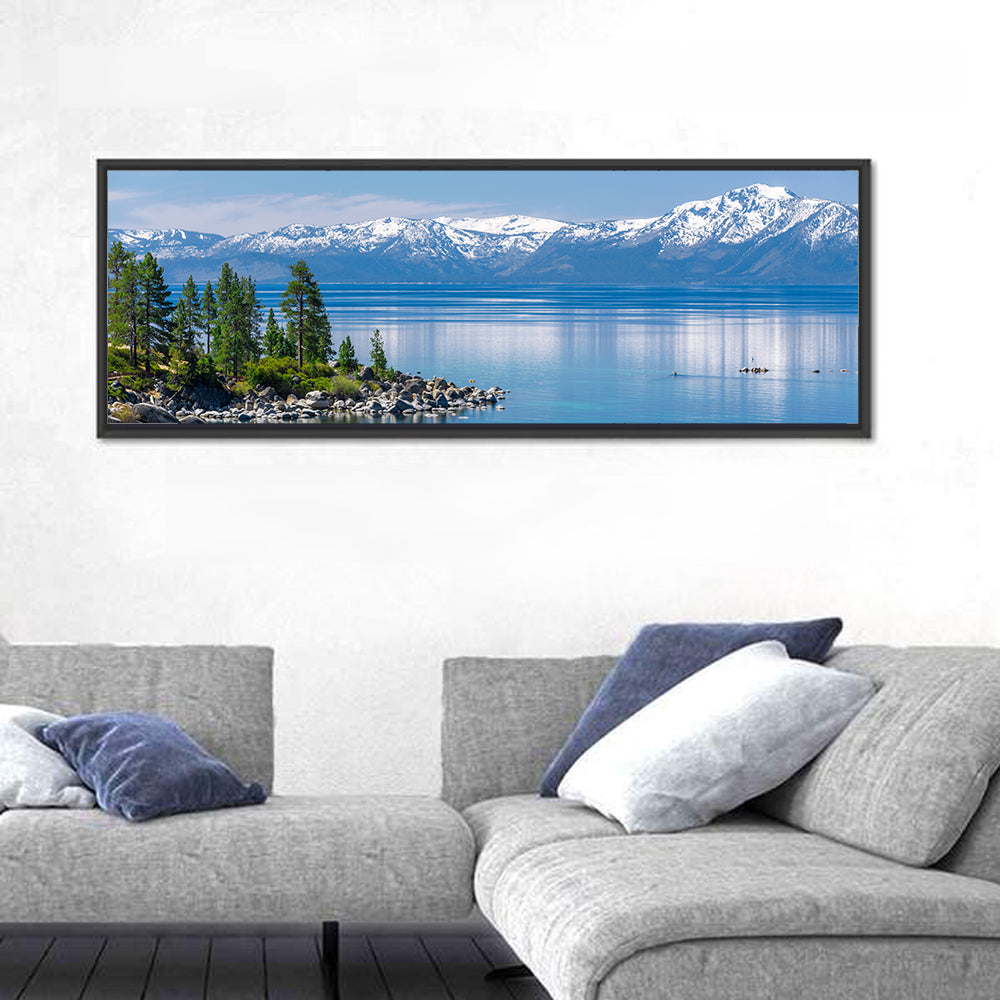 Lake Tahoe Shoreline View Wall Art in a room, panoramic