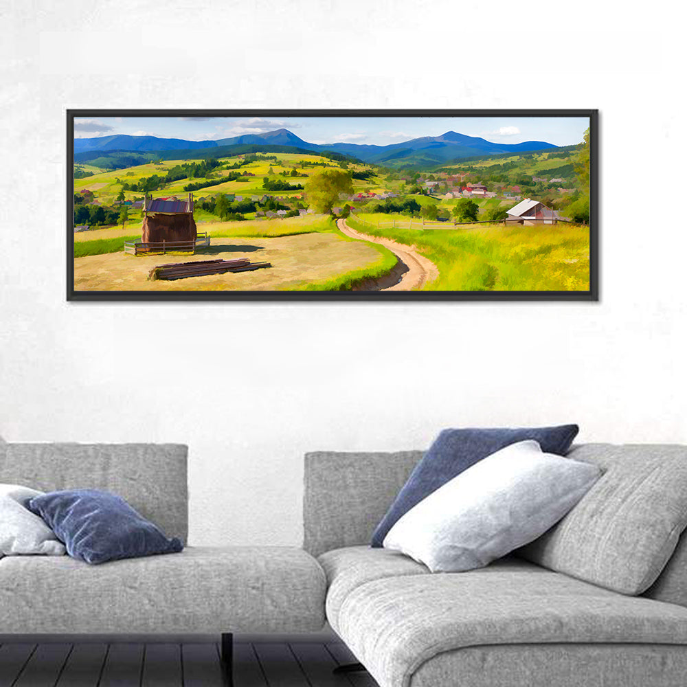 Summer Mountain Village Wall Art in a room, panoramic