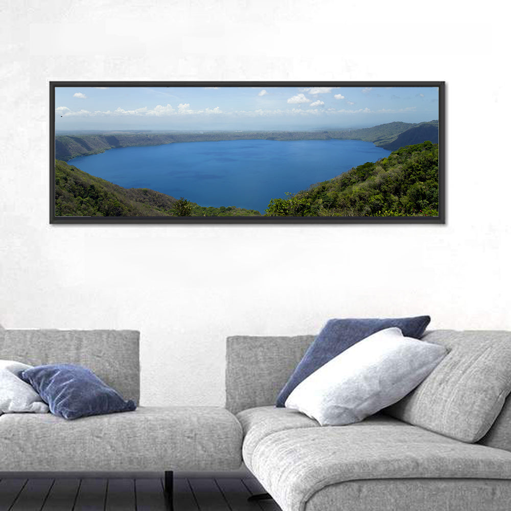 Serene Apoyo Crater Lake Wall Art in a room, panoramic