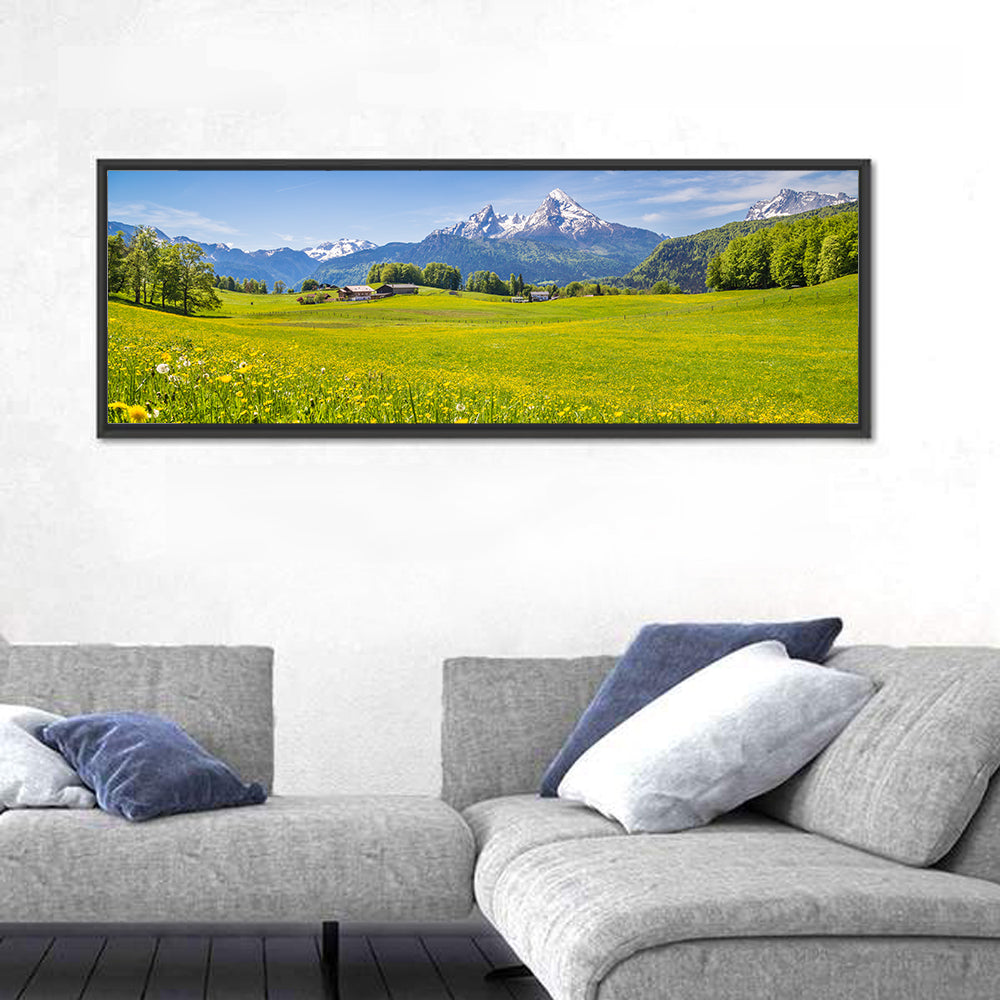 Watzmann Mountain Meadow Wall Art in a room, panoramic