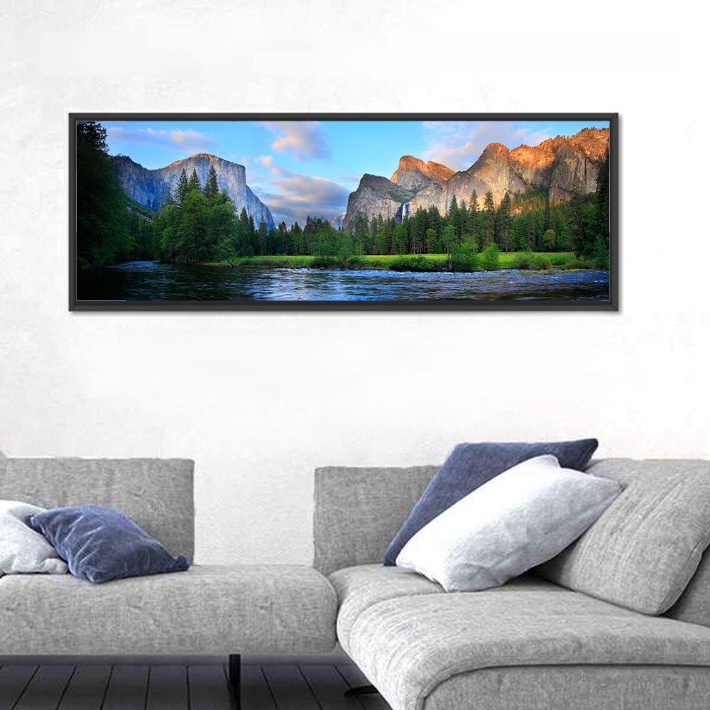 Yosemite Valley Golden Hour Vista Wall Art in a room, panoramic