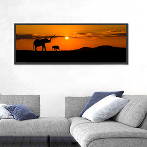 Elephants In Savannah At Sunset Wall Art