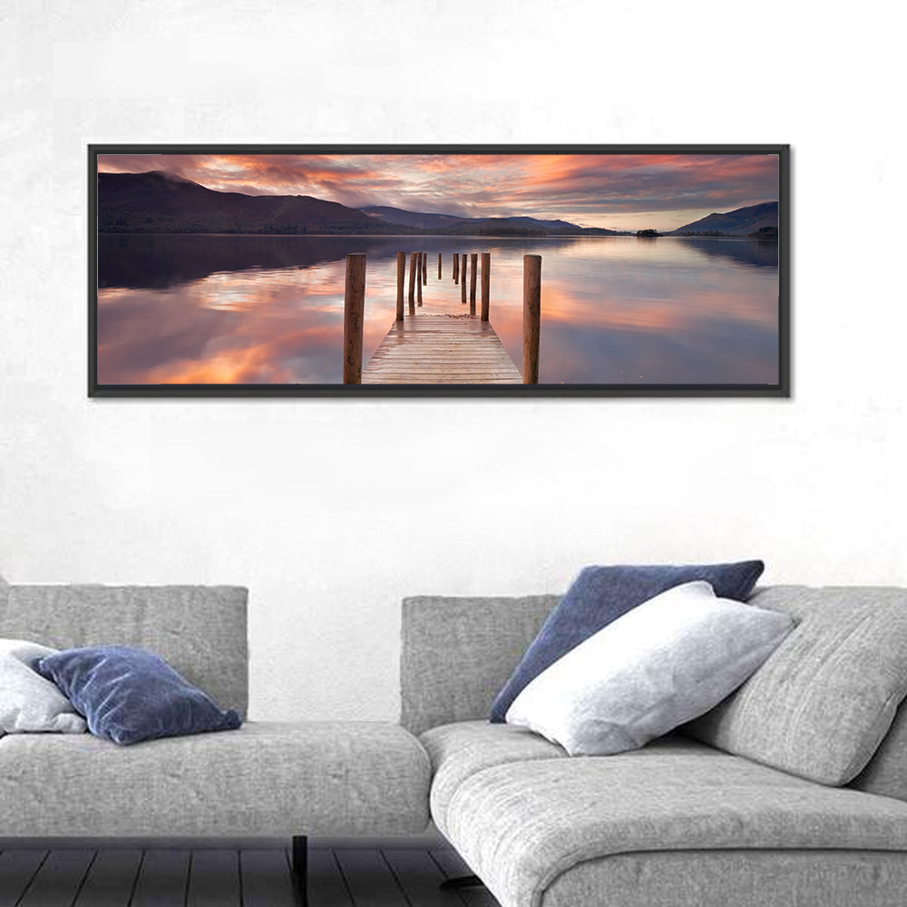 Flooded Jetty in Derwent Water Wall Art in a room, panoramic