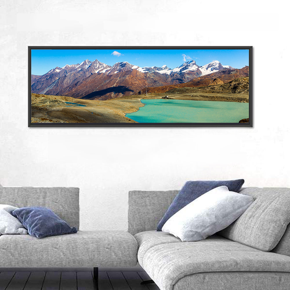 Turquoise Alpine Lake, Switzerland Wall Art in a room, panoramic