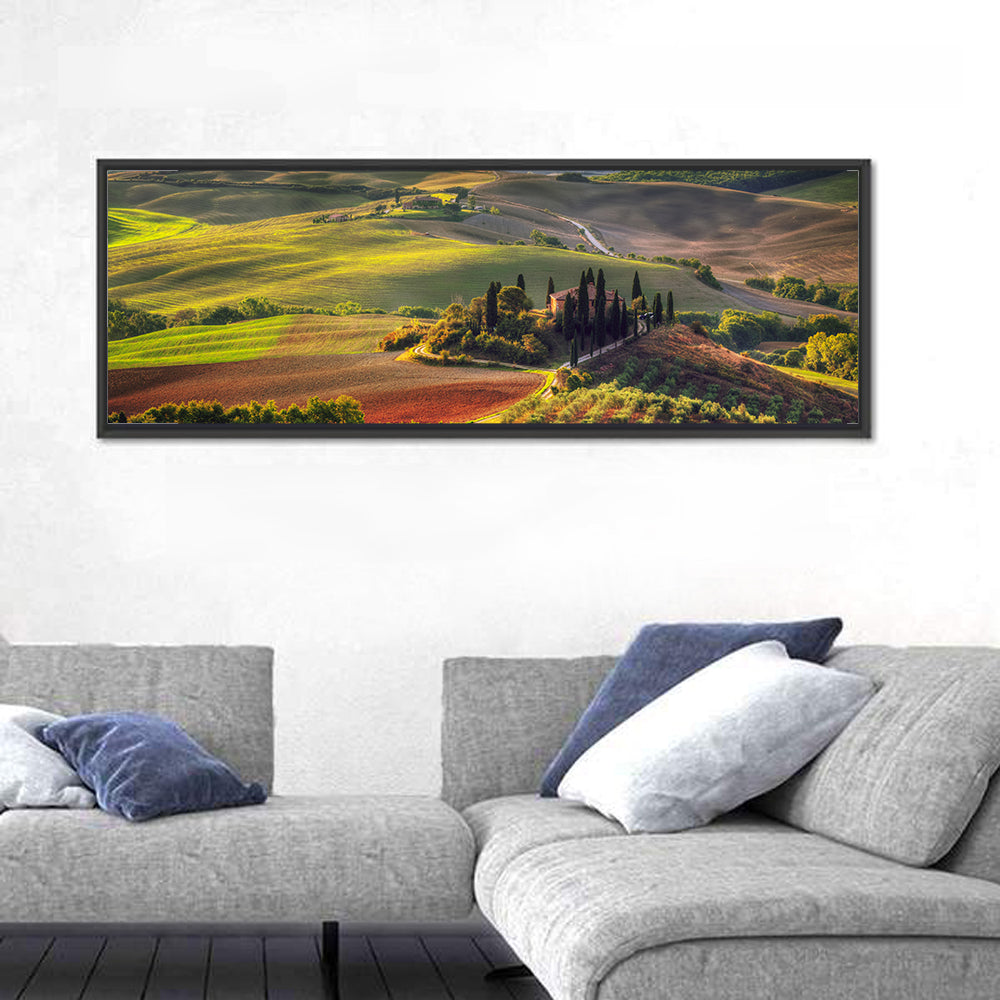 Val D'orcia Sunset Hills Wall Art in a room, panoramic