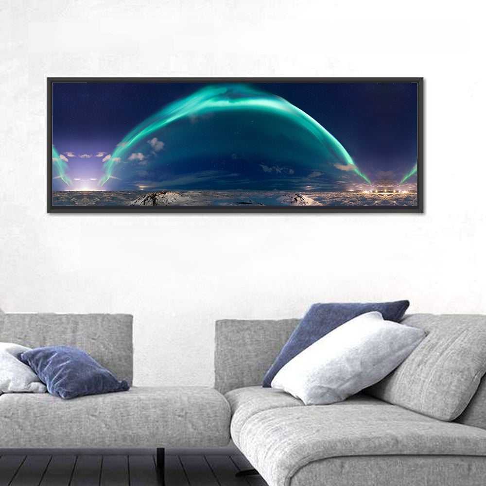 Northern Lights Over Reykjavik Wall Art in a room, panoramic