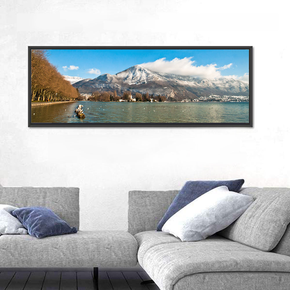 Lake Annecy Winter View Wall Art in a room, panoramic