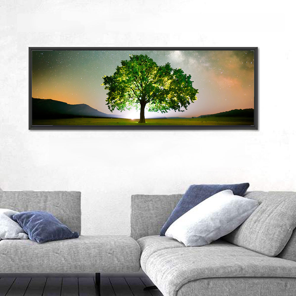 Lone Tree Under Milky Way Wall Art in a room, panoramic