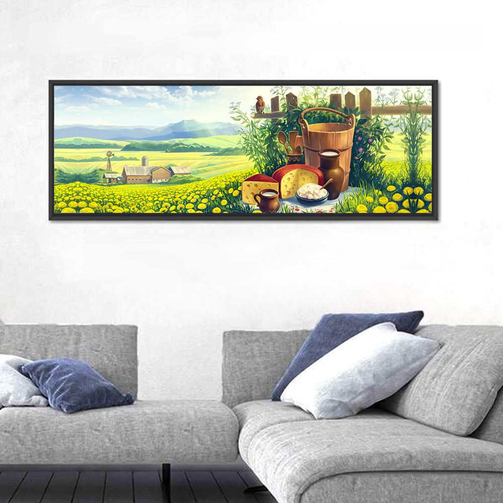 Dandelion Field Landscape Wall Art in a room, panoramic