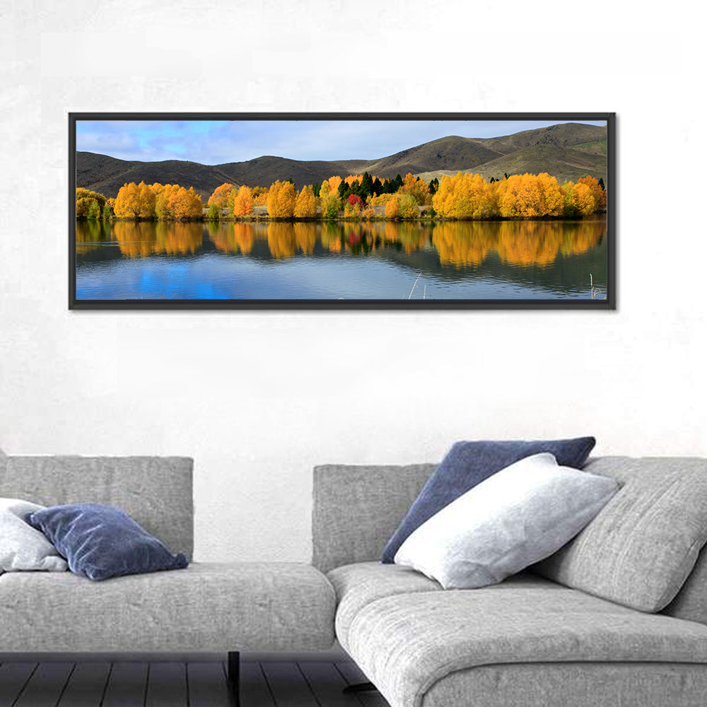 Lake Ruataniwha Autumn Reflection Wall Art in a room, panoramic