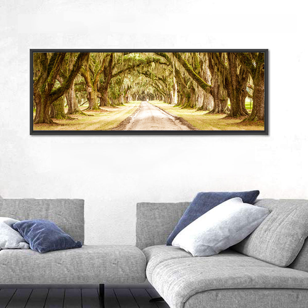 Oak Pathway Under Spanish Moss Wall Art in a room, panoramic