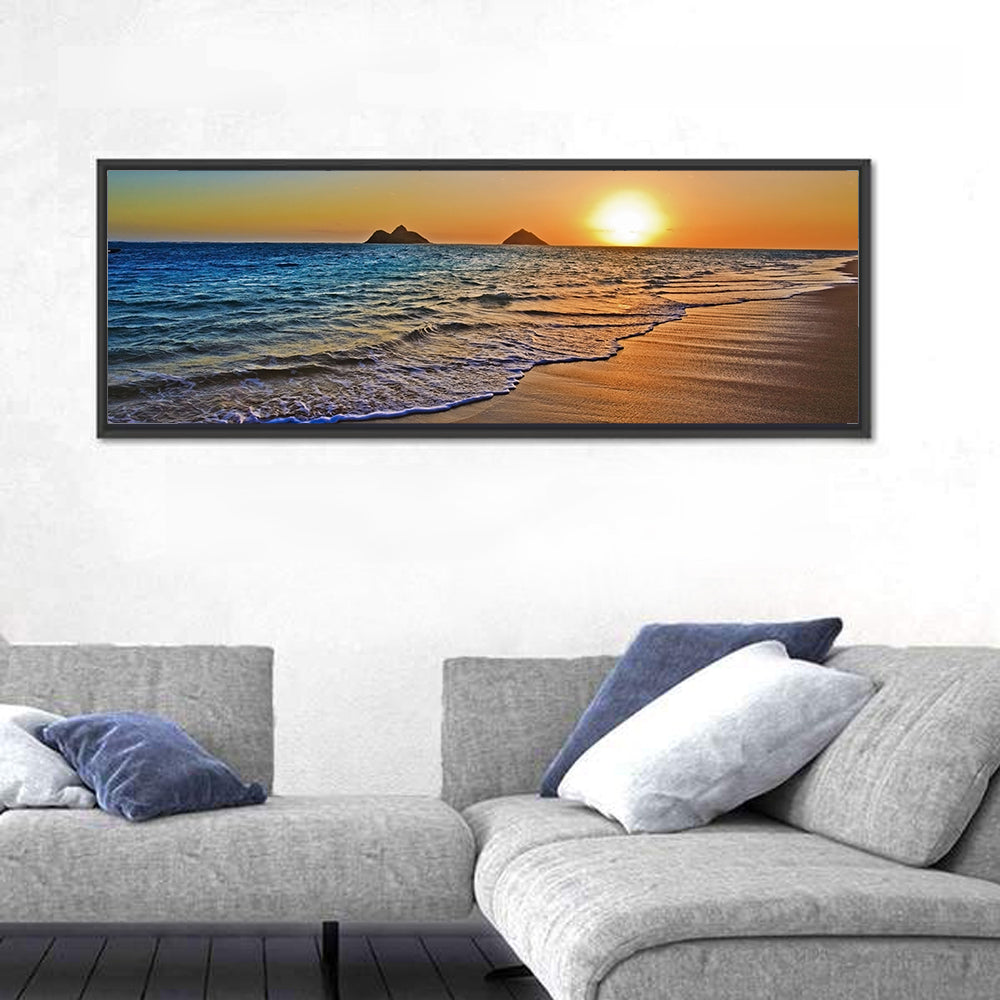 Lanikai Sunrise Over Mokulua Islands Wall Art in a room, panoramic