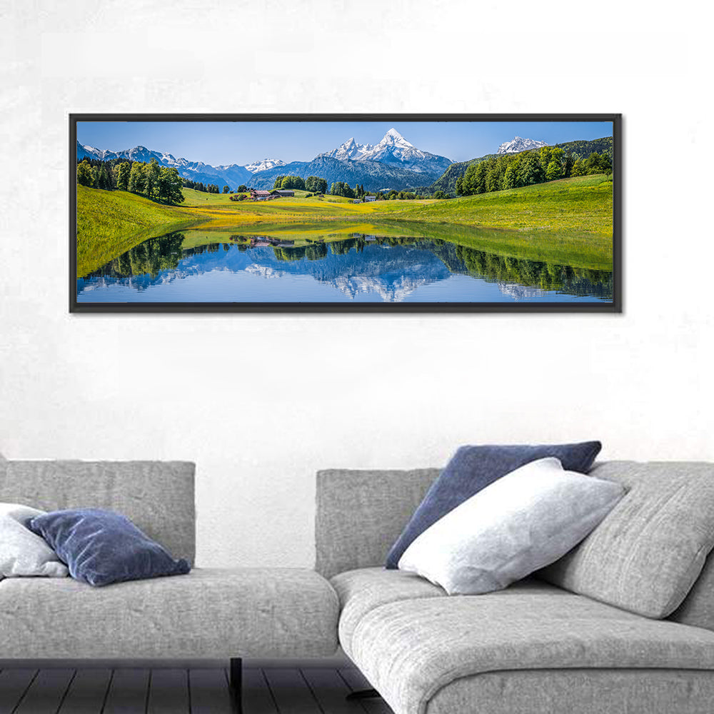Watzmann Summer Reflection Wall Art in a room, panoramic