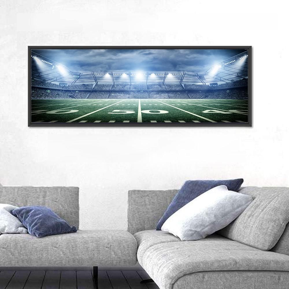 Floodlit Soccer Stadium at Night Wall Art in a room, panoramic