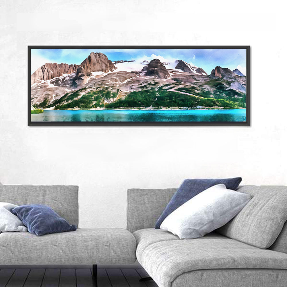 Snow-capped Mountain Lake Wall Art in a room, panoramic