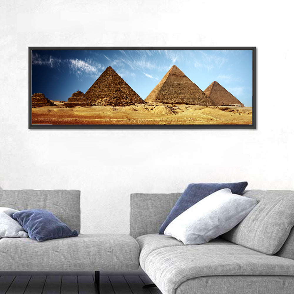 Giza Pyramids Valley View Wall Art in a room, panoramic