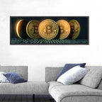 Five Golden Bitcoins on Circuit Board Wall Art