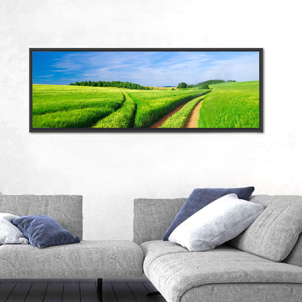 Summer Meadow with Dirt Path Wall Art in a room, panoramic