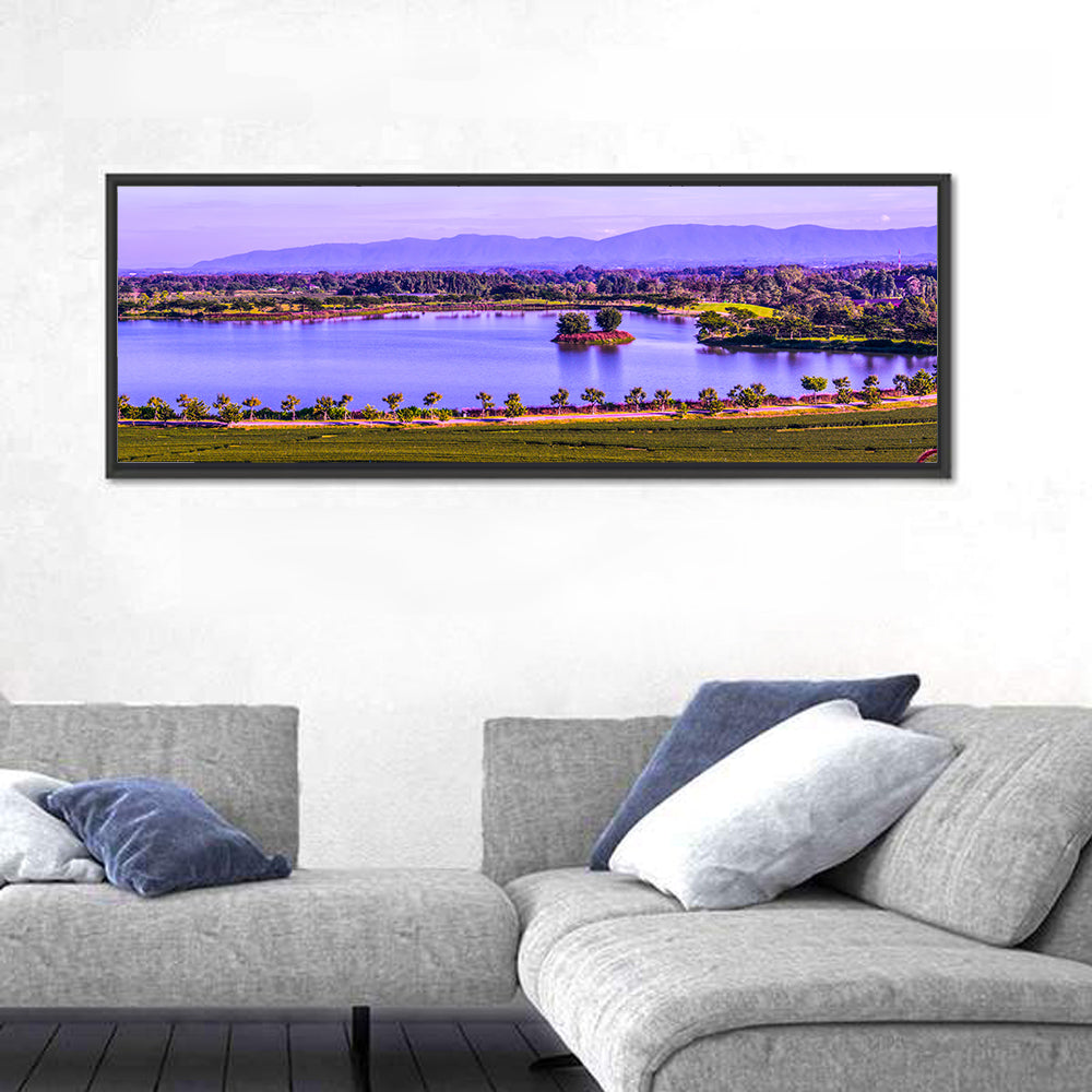 Thai Tea Plantation and Lake Wall Art in a room, panoramic