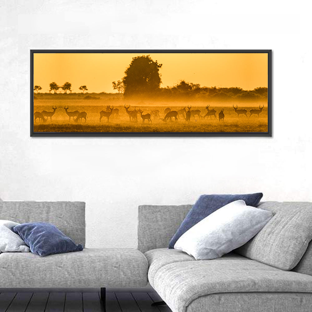Antelope Herd at Golden Hour Wall Art in a room, panoramic