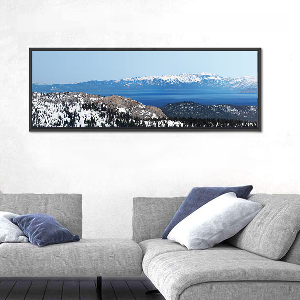 Lake Tahoe Winter Landscape Wall Art in a room, panoramic