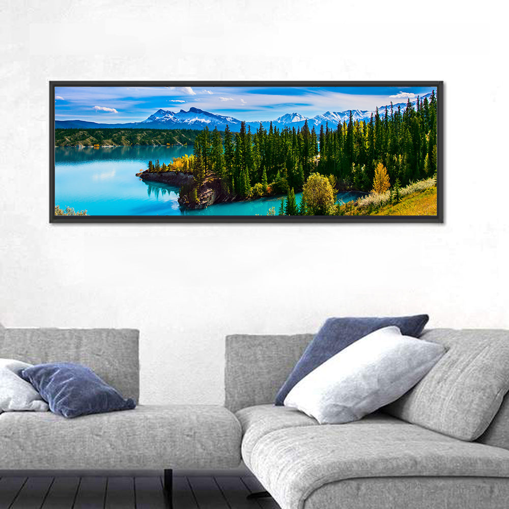 Abraham Lake Shoreline Wall Art in a room, panoramic