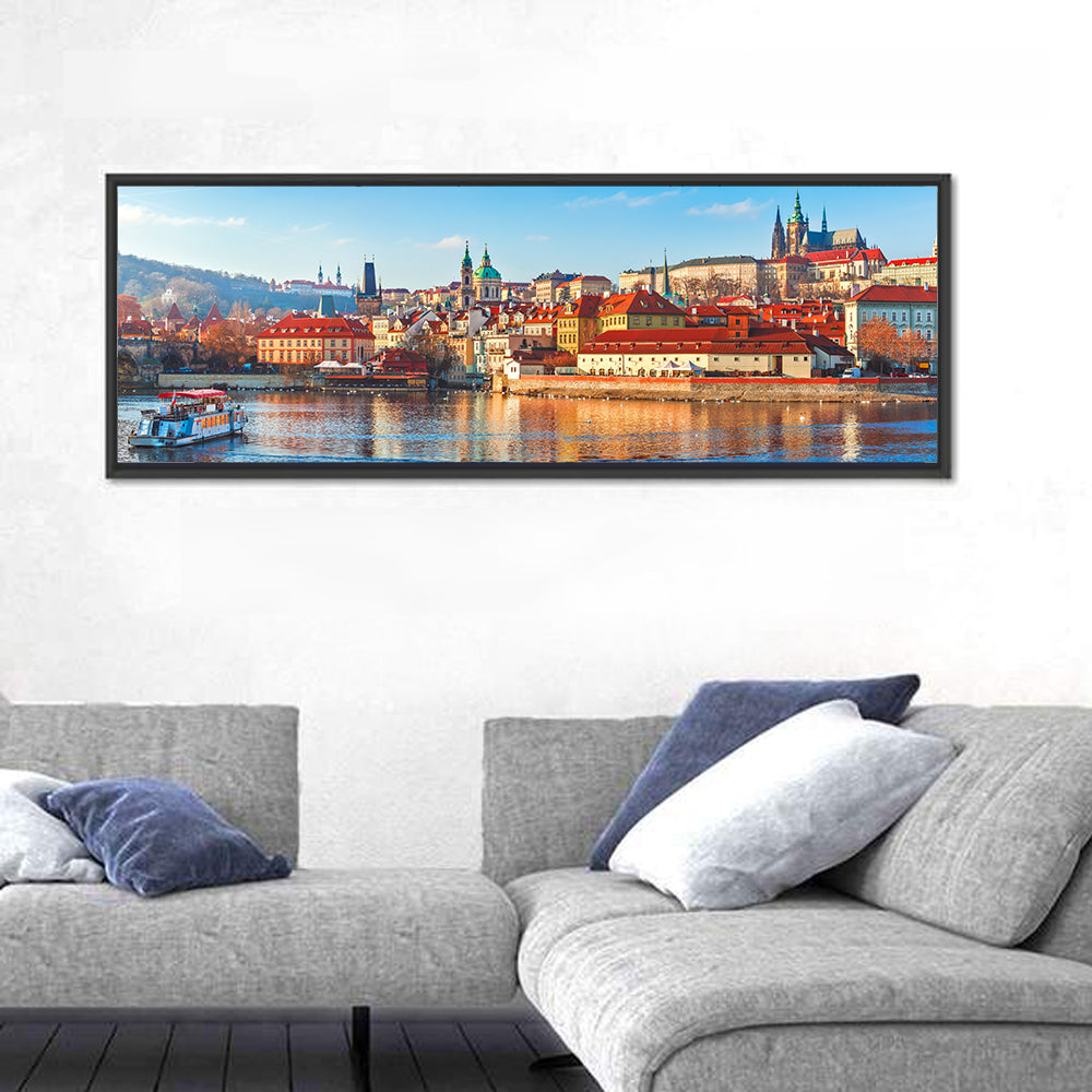 Prague Riverside Skyline Wall Art in a room, panoramic