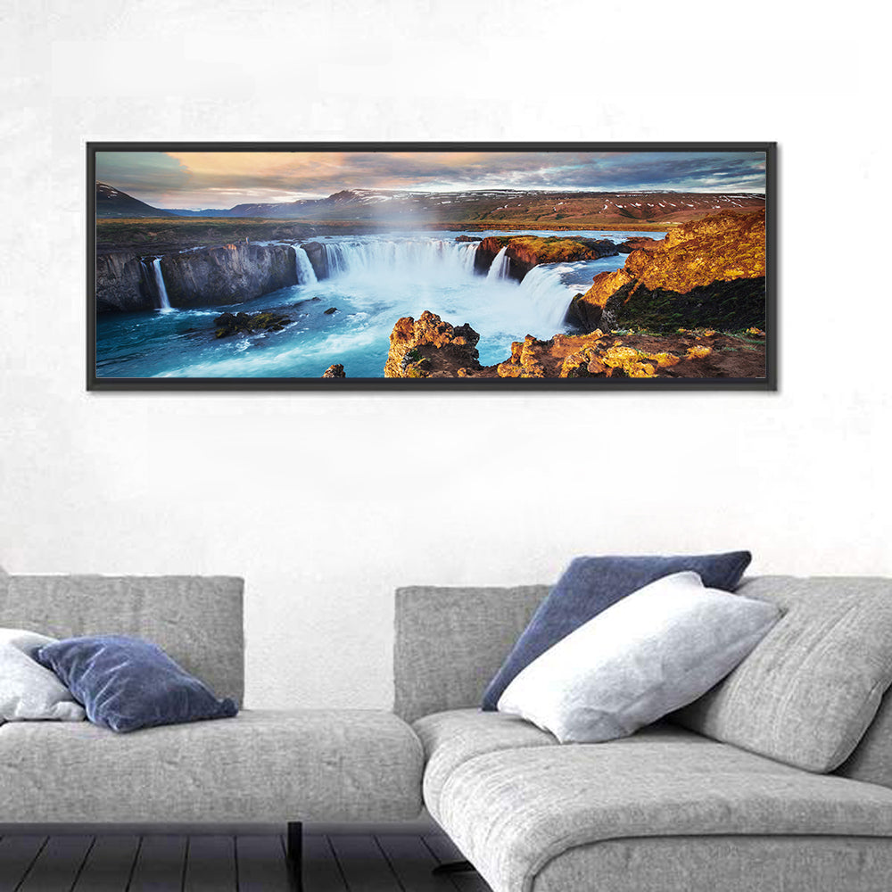Godafoss Waterfall at Golden Hour Wall Art in a room, panoramic