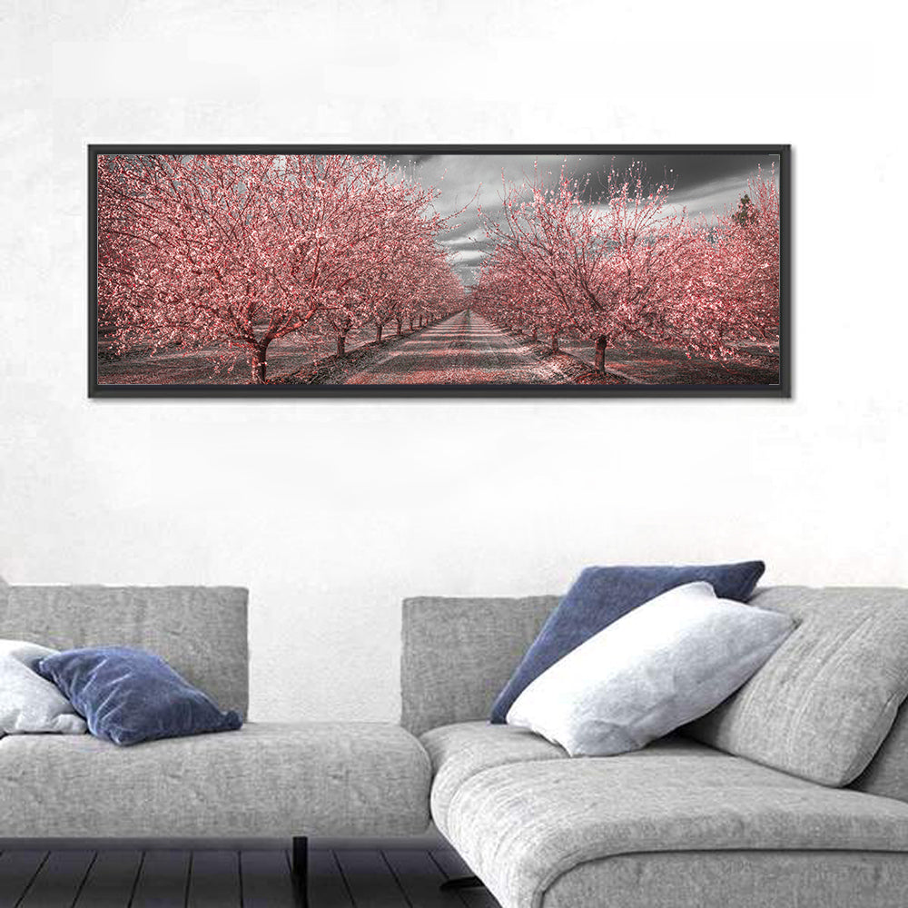 California Orchard Pink Blossoms Wall Art in a room, panoramic