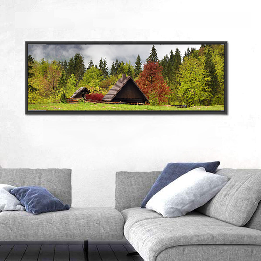 Slovenian Alps Cabin in Fog Wall Art in a room, panoramic