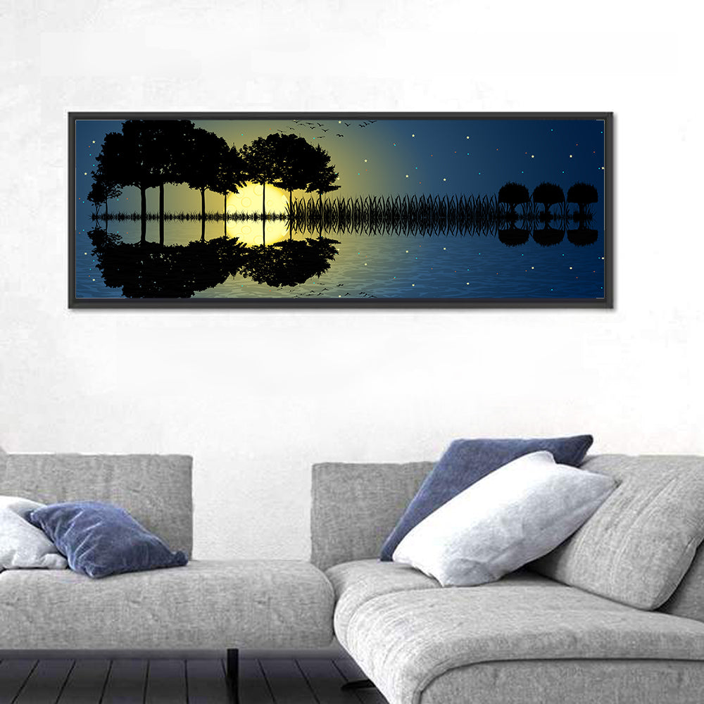 Moonlit Guitar Island Wall Art in a room, panoramic