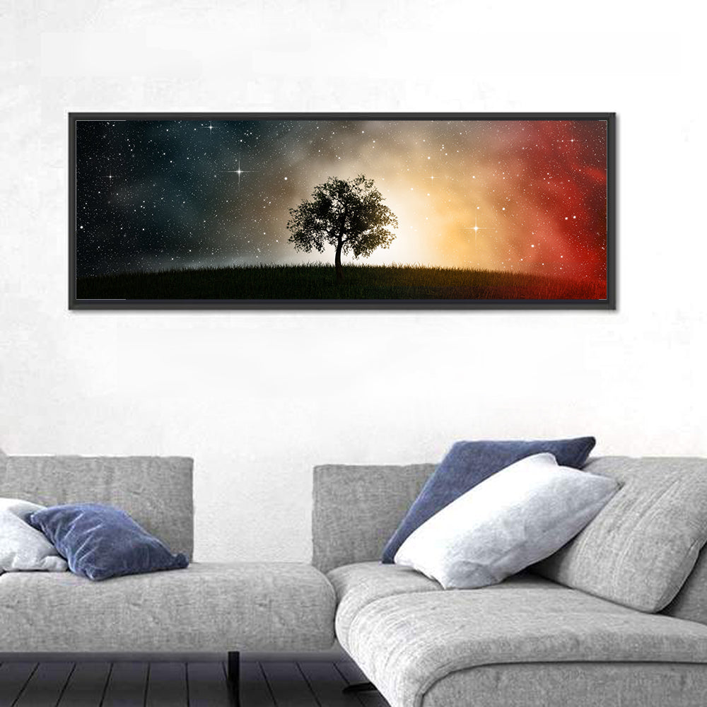 Tree Under Starry Sky Wall Art in a room, panoramic