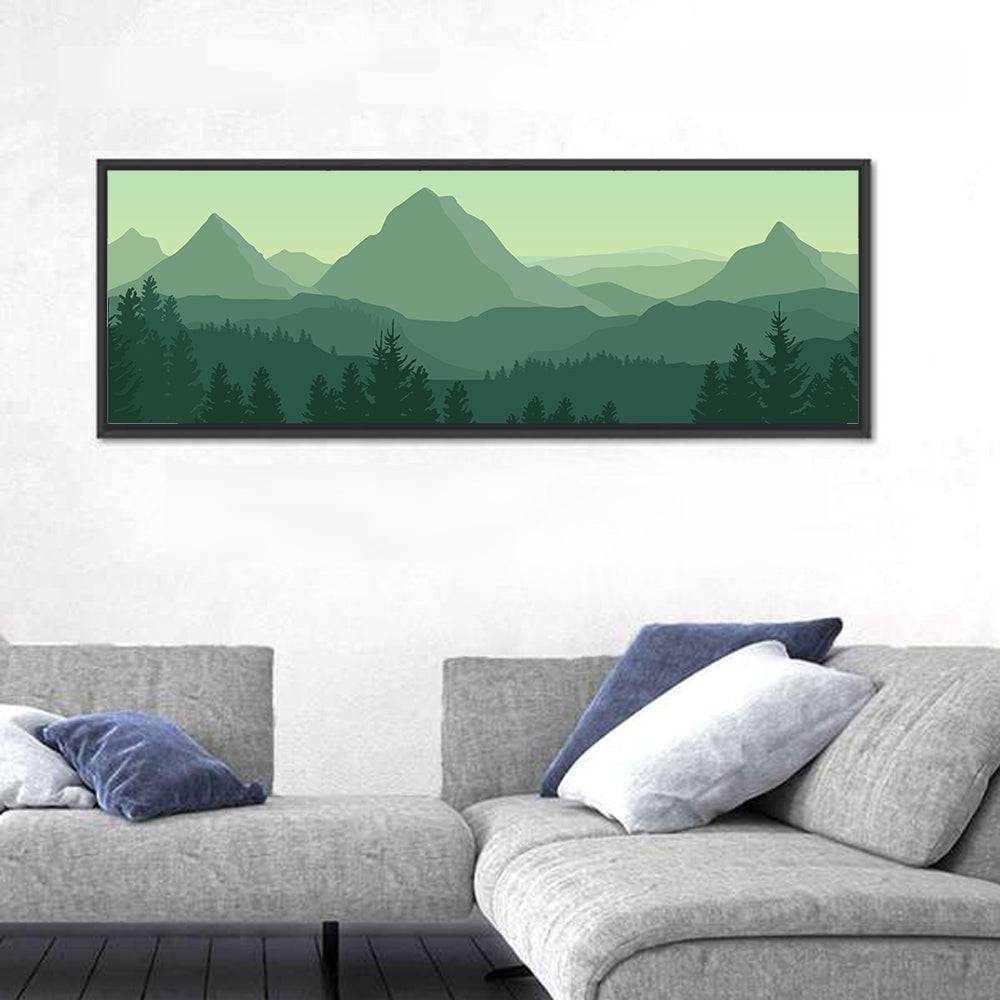 Green Mountain Silhouette Wall Art in a room, panoramic