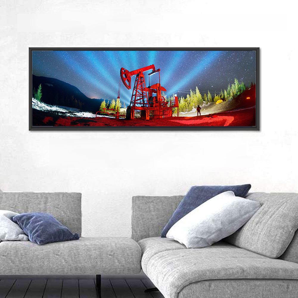 Starry Night Oil Pump Jack Wall Art in a room, panoramic