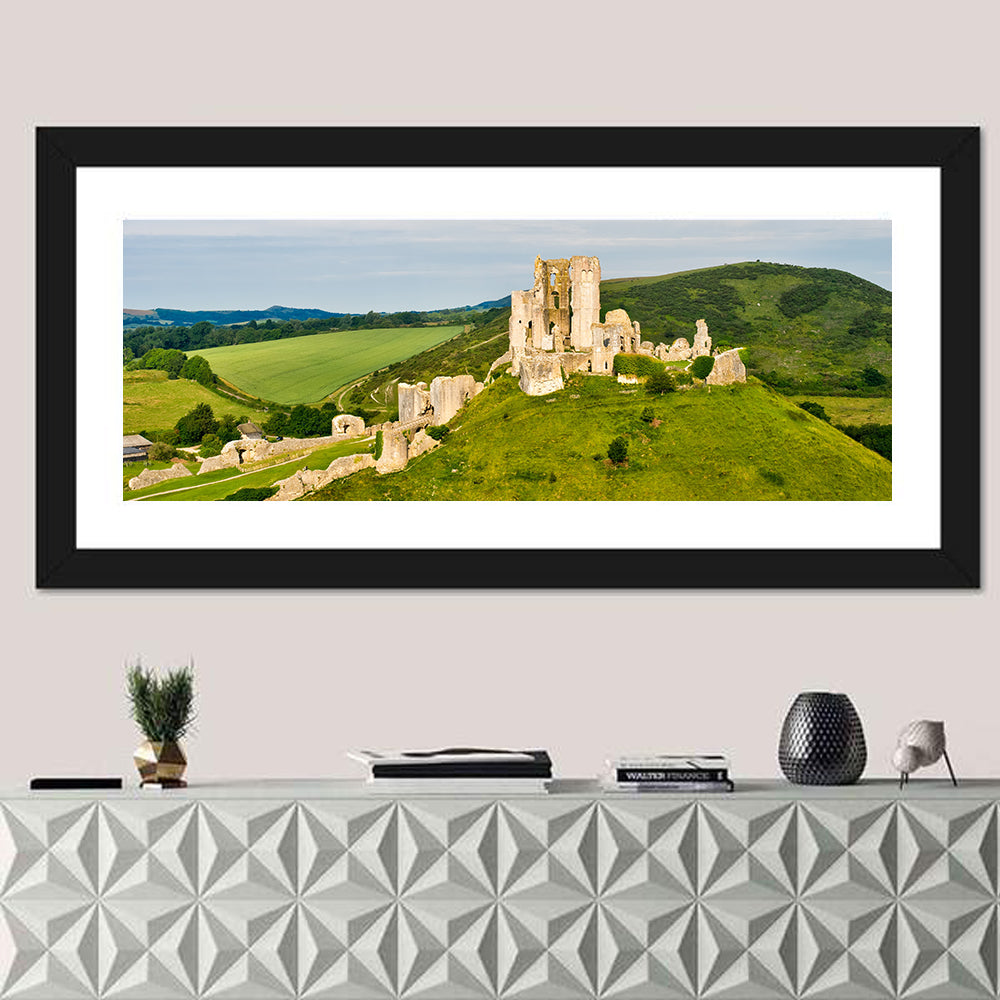 Corfe Castle Ruins Wall Art in a room, panoramic