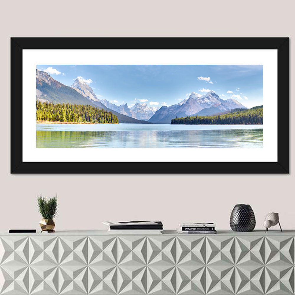Spirit Island Maligne Lake Wall Art in a room, panoramic