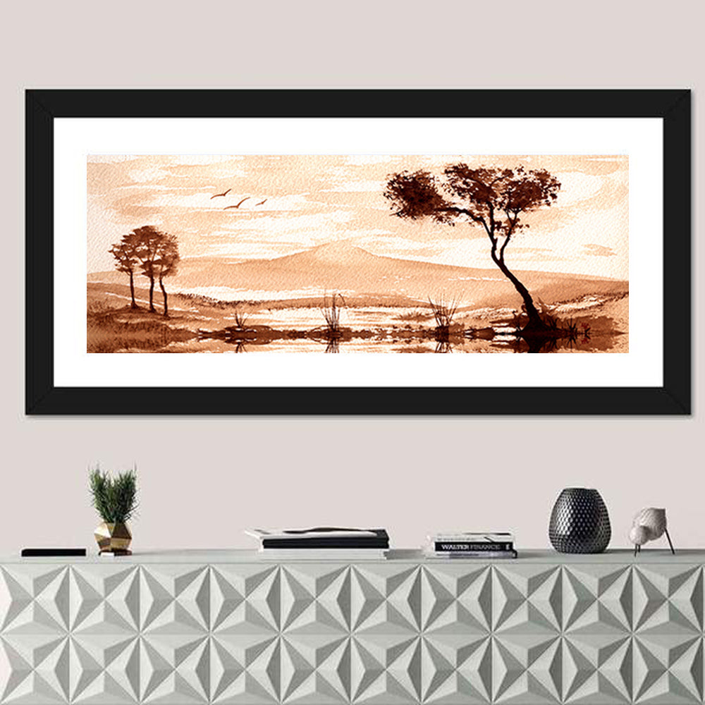 Sepia Lakeside Landscape Wall Art