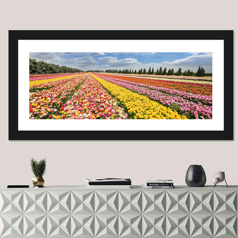 Spring Buttercup Field Wall Art in a room, panoramic