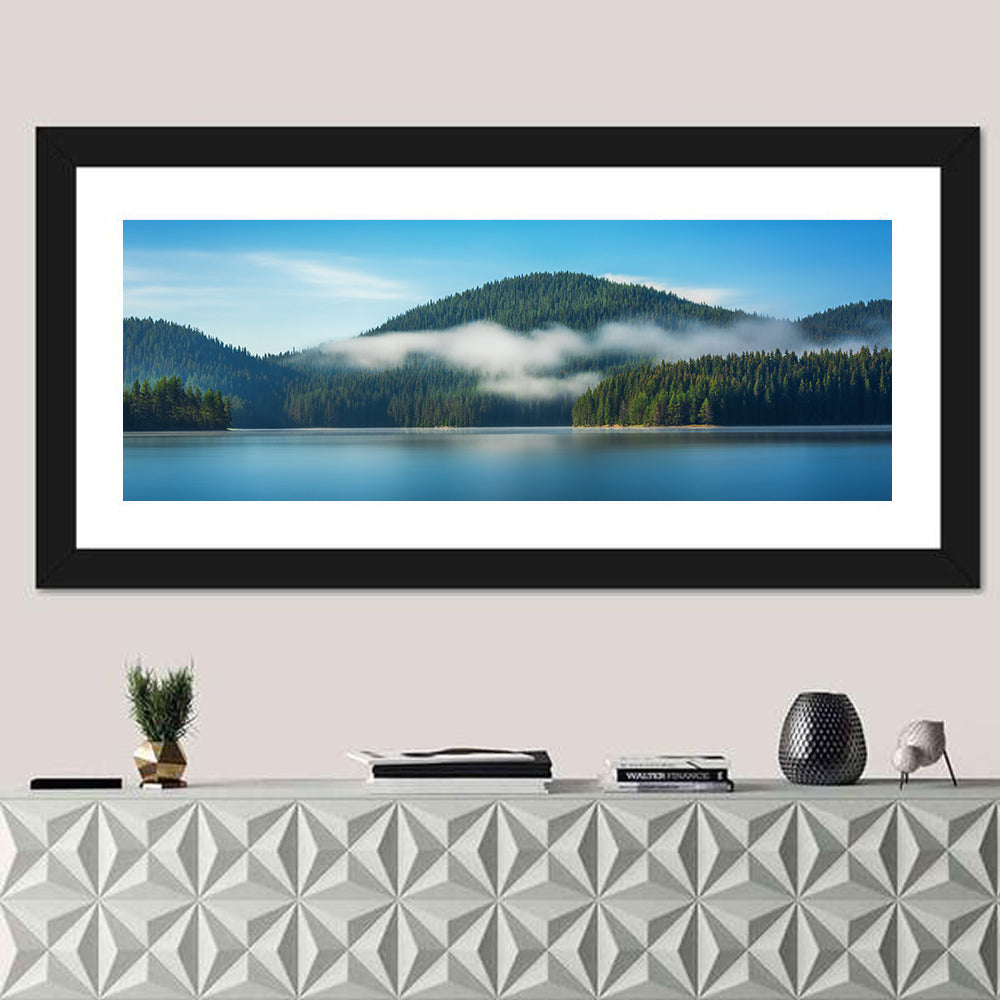 Misty Morning Over Mountain Lake Wall Art in a room, panoramic