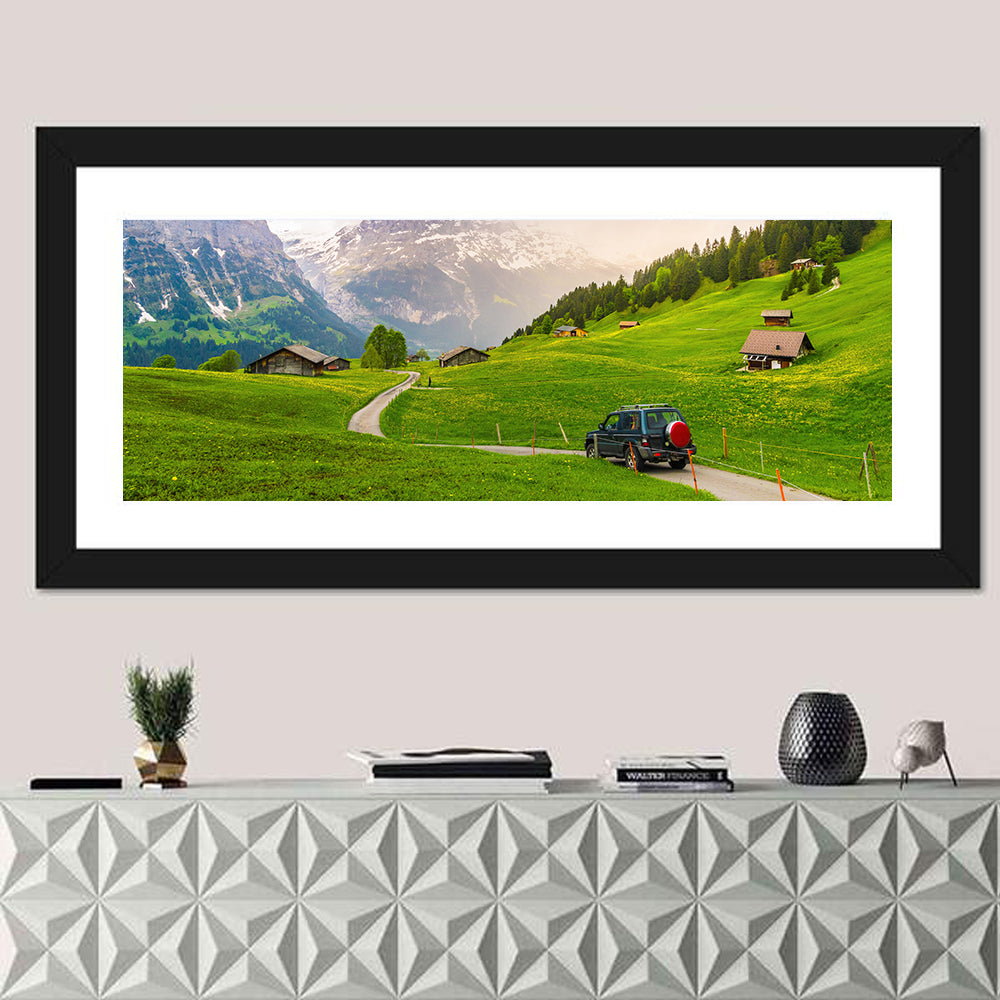 Grindelwald Alpine Village Road Wall Art in a room, panoramic