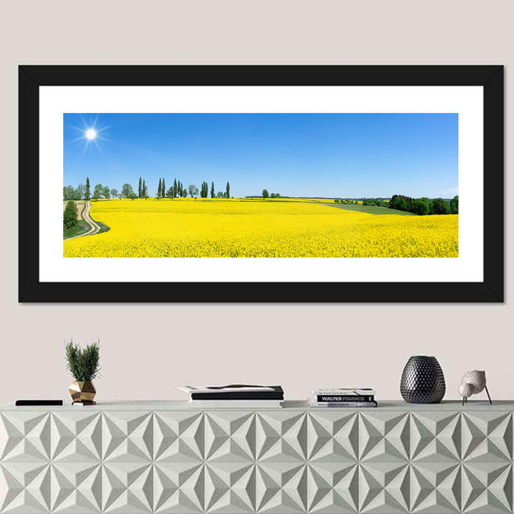 Winding Path Through Rapeseed Field Wall Art in a room, panoramic