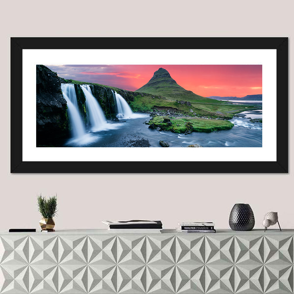 Kirkjufell Sunset with Kirkjufellsfoss Wall Art in a room, panoramic