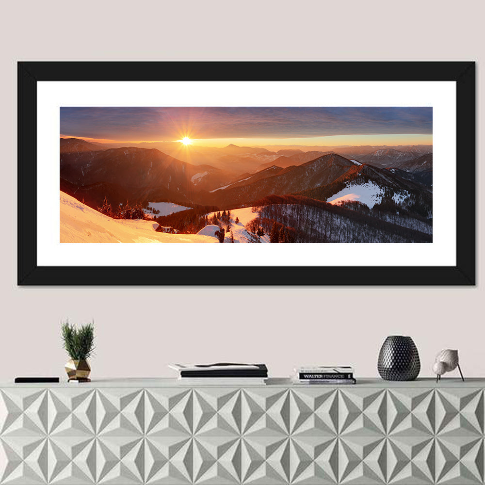 Slovakia Winter Mountain Sunset Wall Art in a room, panoramic