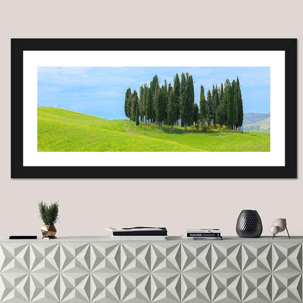 Tuscany Cypress Trees Wall Art in a room, panoramic