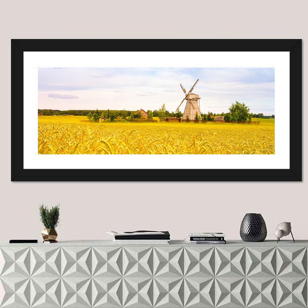 Dudutki Windmill in Golden Fields Wall Art in a room, panoramic