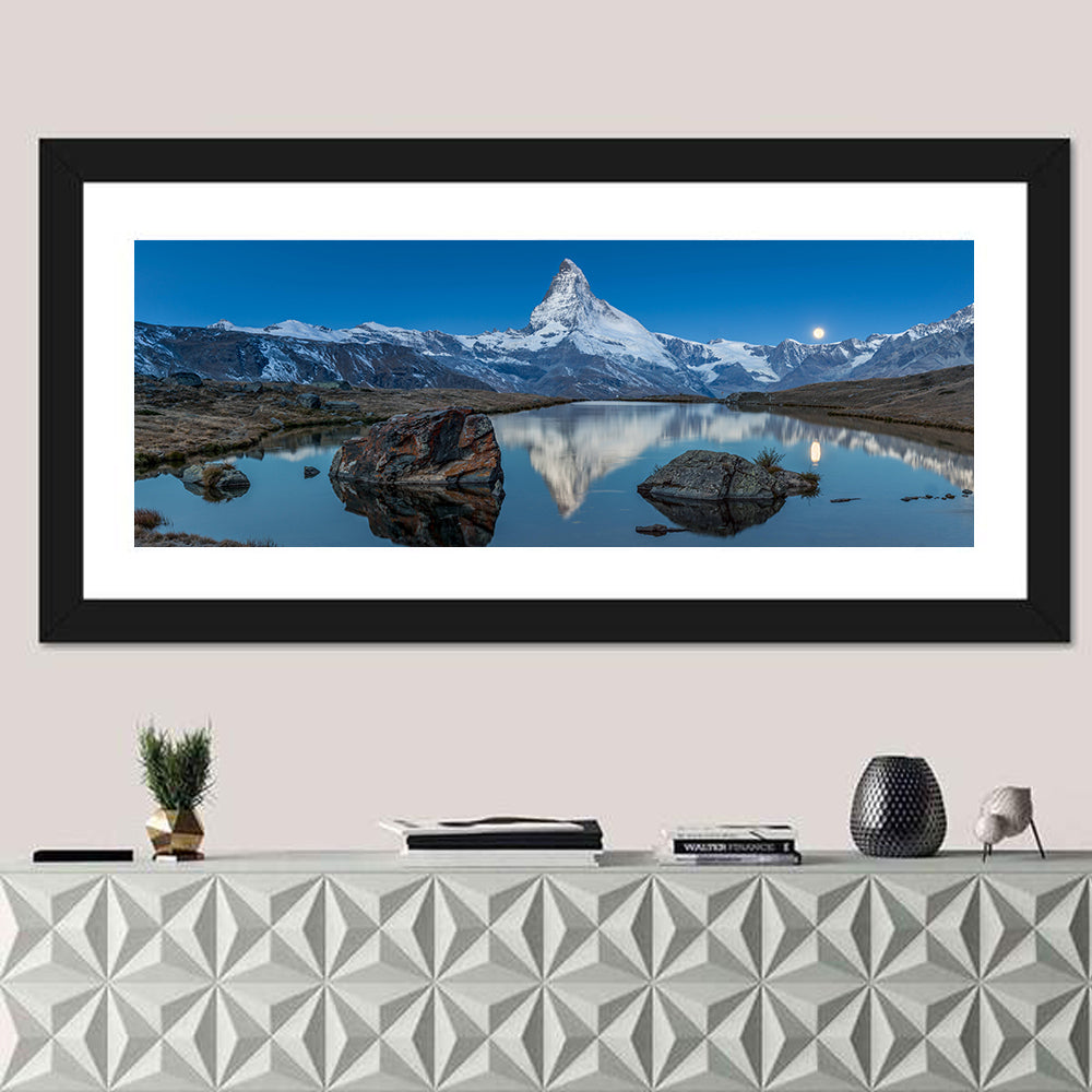 Matterhorn Sunset Over Stelli Lake Wall Art in a room, panoramic