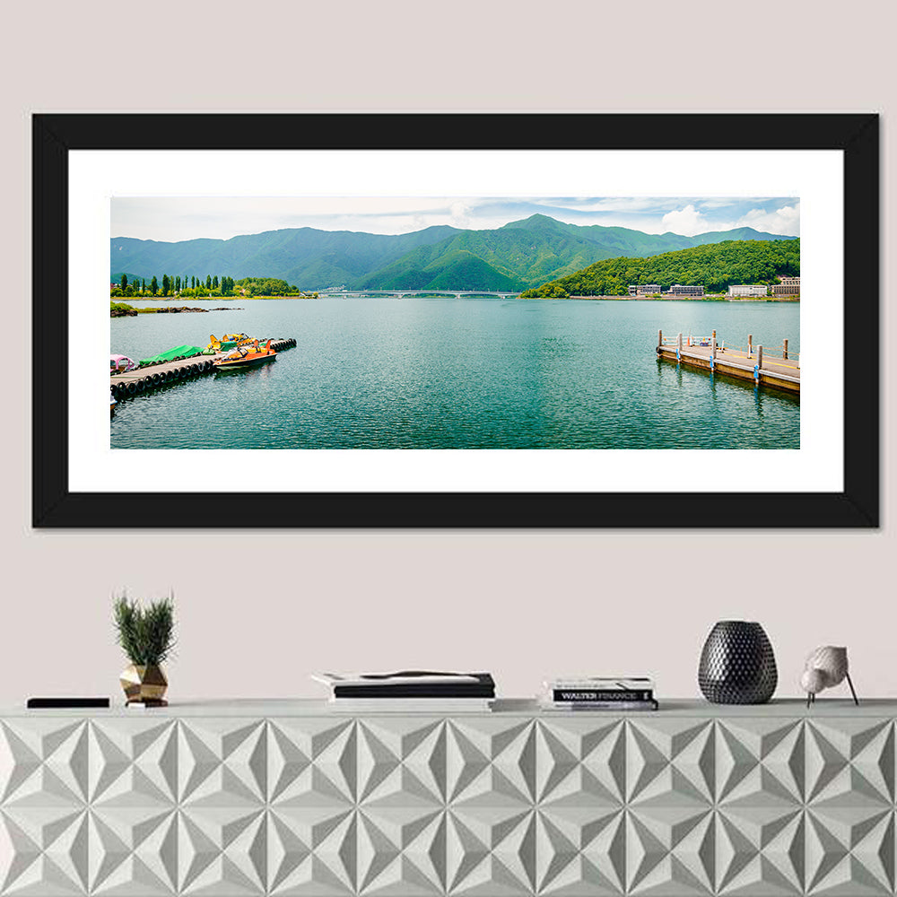 Lake Kawaguchi Mountain View Wall Art in a room, panoramic