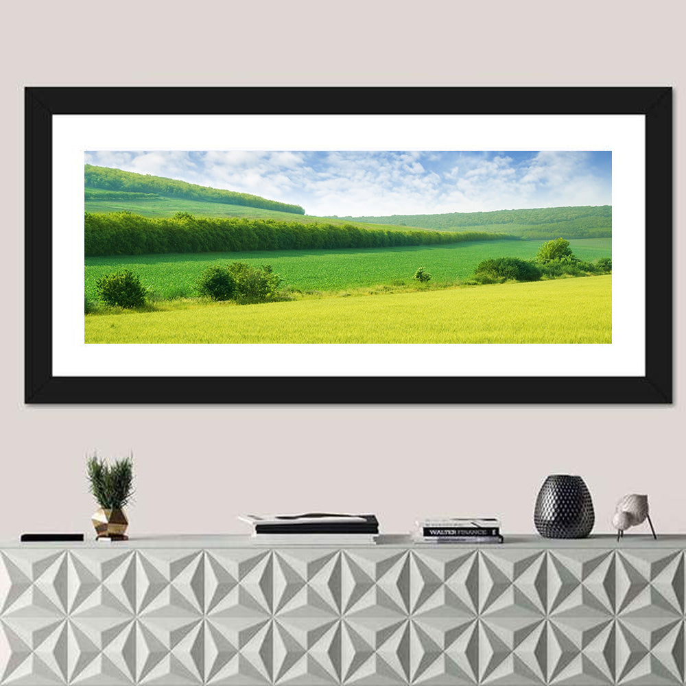 Green Spring Meadow Wall Art in a room, panoramic