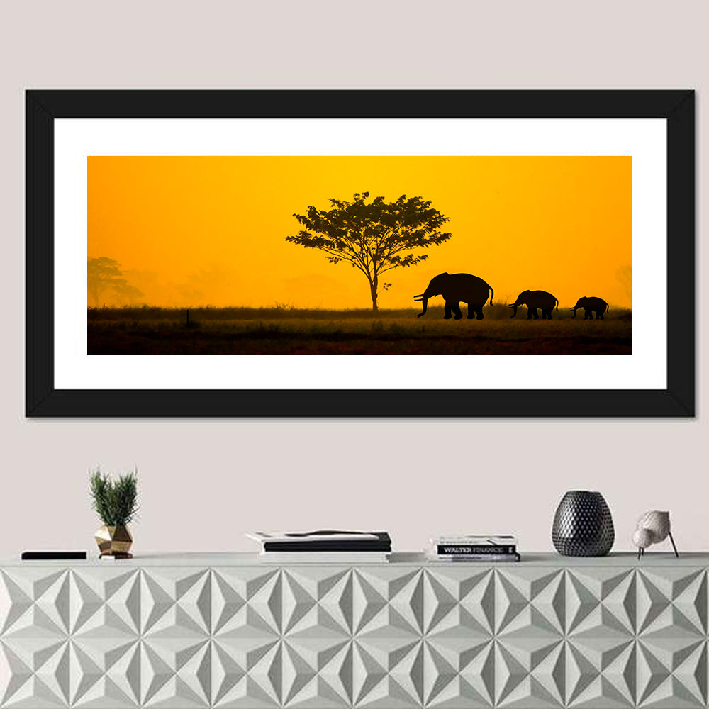 Thailand Elephant Silhouettes Wall Art in a room, panoramic