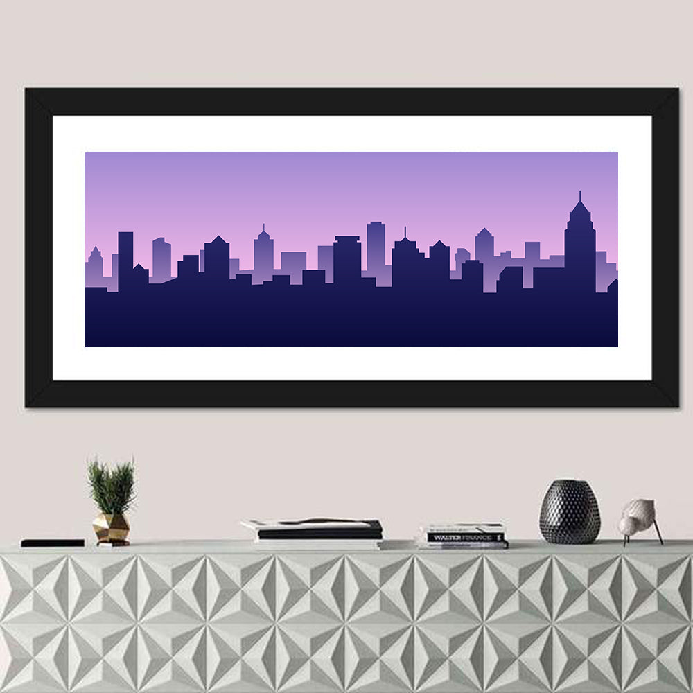 Purple American City Silhouette Wall Art in a room, panoramic